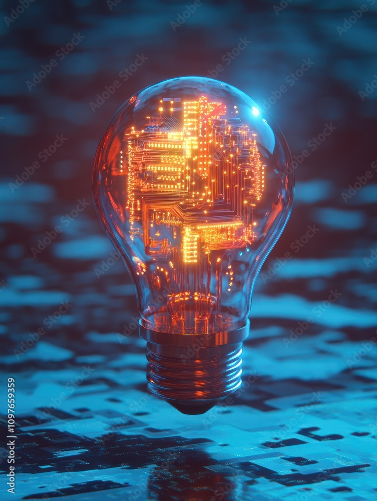 Poster technological startup and creativity concept with glowing microcircuit in light bulb form on abstrac