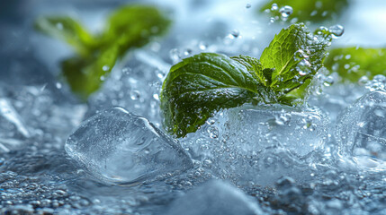 Sparkling water in a glass with ice cubes and fresh mint, conveying freshness, refreshment, and vitality in a cool, soothing setting