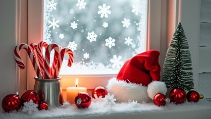 Elegant Christmas Windowsill Decor, Candy Canes, Ornaments, Santa Hat & Candle