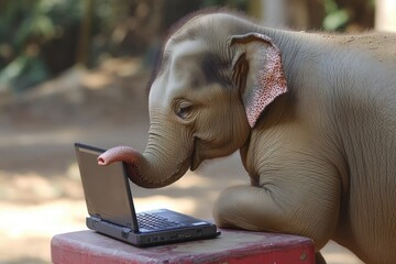 An elephant with a tiny laptop, delicately typing with its trunk