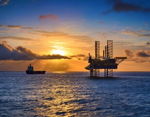 ocean scene at sunset with an offshore oil rig and a large cargo ship nearby