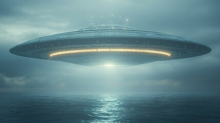 mysterious alien spaceship hovers above a vast ocean, casting an eerie glow as it moves silently across the night sky, evoking feelings of wonder and the unknown
