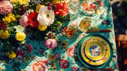 Fototapeta premium Vibrant Floral Table Setting With Colorful Dishes And Drinks