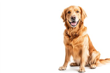 Smiling golden retriever sitting on white background