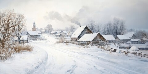 Winter village borders countryside rural snow.