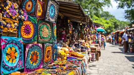 Obraz premium Vibrant Colorful Textiles Displayed At Outdoor Market Stalls