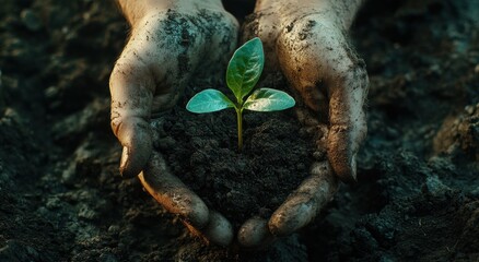 Obraz premium Nurturing New Life: Hands Cradling a Growing Plant in Rich Soil, Symbolizing Nature, Growth, and Environmental Care in a Sustainable World