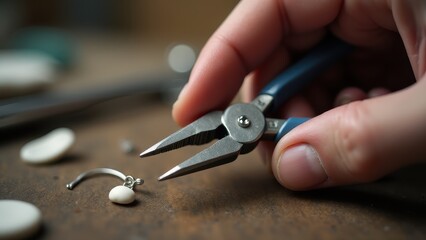 Fototapeta premium Pliers for jewelry making. Close-up of a hand using pliers to craft a delicate earring on a wooden table, focusing on the intricate details.