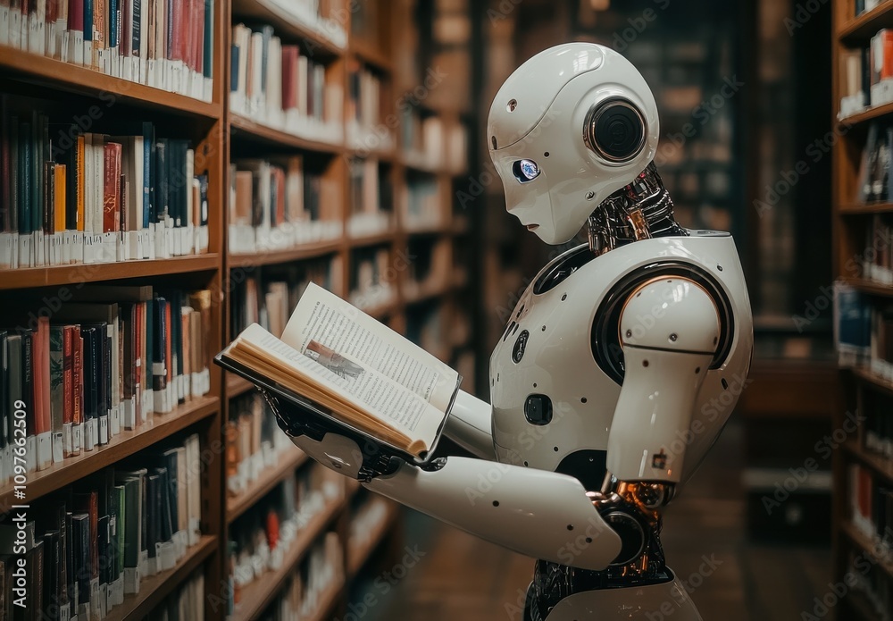 Poster robot in a library reading a book surrounded by shelves filled with books, symbolizing the intersect