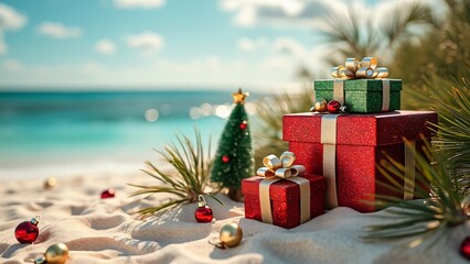 Christmas Gifts on Australian Beach, Festive Presents, Sand Dunes & Ocean