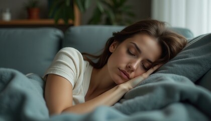 Peaceful Sleep, Serene Woman Resting on Cozy Sofa, Concept of Relaxation and Tranquility