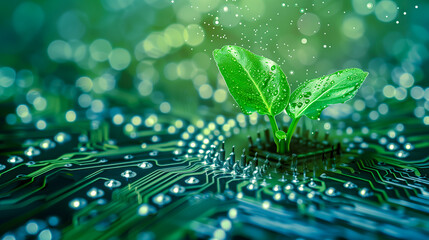 The green sprout growing from the electronic motherboard symbolizes clean energy and sustainable technologies in the field of artificial intelligence AI.