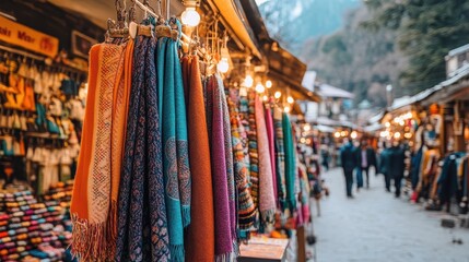 Colorful textiles displayed in a vibrant outdoor market showcasing handcrafted scarves and local craftsmanship in a bustling shopping scene amidst scenic mountains