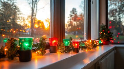 Red-green wreath glowing with light bulbs lies on a white window sill, light room, direct perspective, front view.