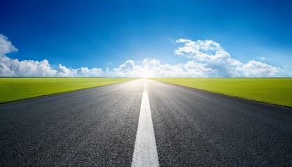 Naklejka premium Path to the Skies: A Runway Under a Bright Blue Horizon