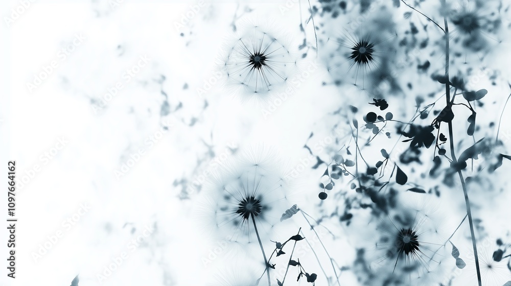 Poster dandelion seeds floating through an airy sky in minimal white tones