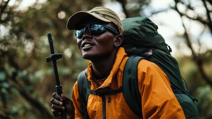 Obraz premium African blind traveler experiencing wildlife safely with assistive tools in a reserve near Nairobi, Kenya