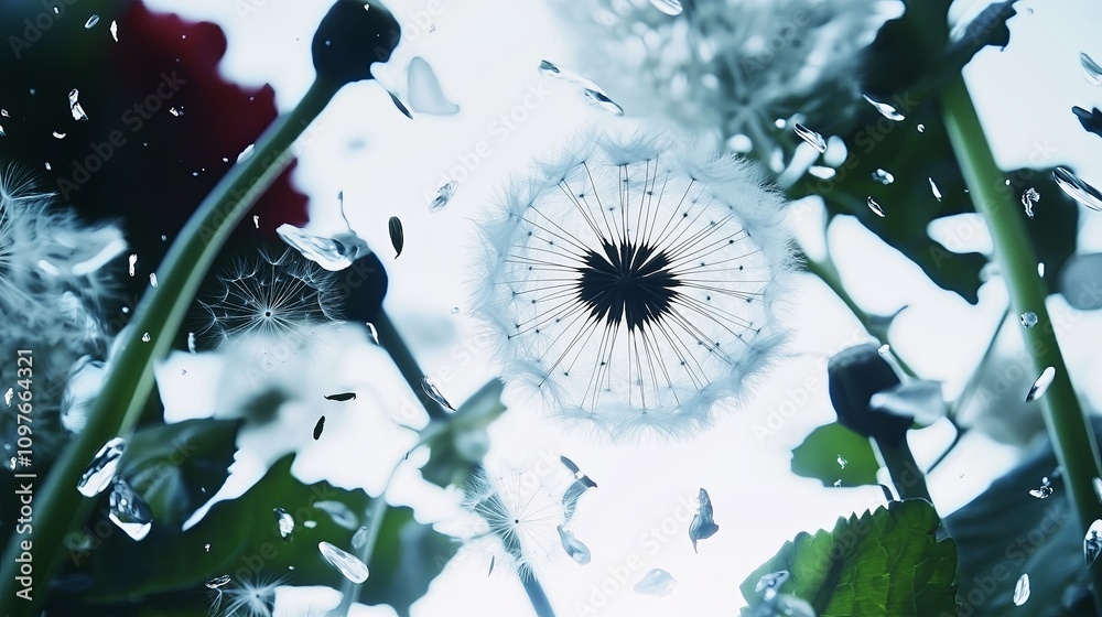 Poster dandelion seeds floating through an airy sky in minimal white tones