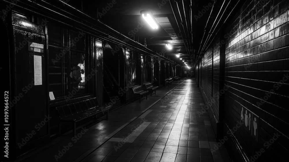 Poster Empty subway station in monochrome with a single glowing light