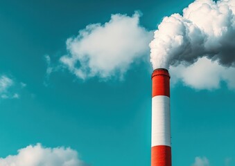 Smoke Emission from Industrial Chimney Against a Bright Sky, Symbolizing Pollution and Environmental Impact in Modern Industry and Urban Development