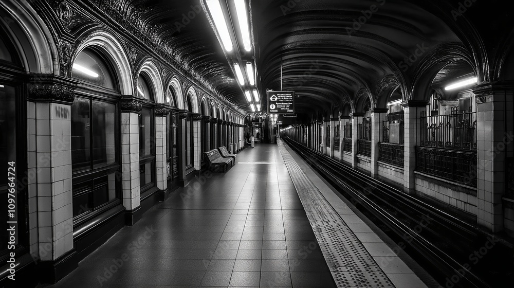 Poster Empty subway station in monochrome with a single glowing light