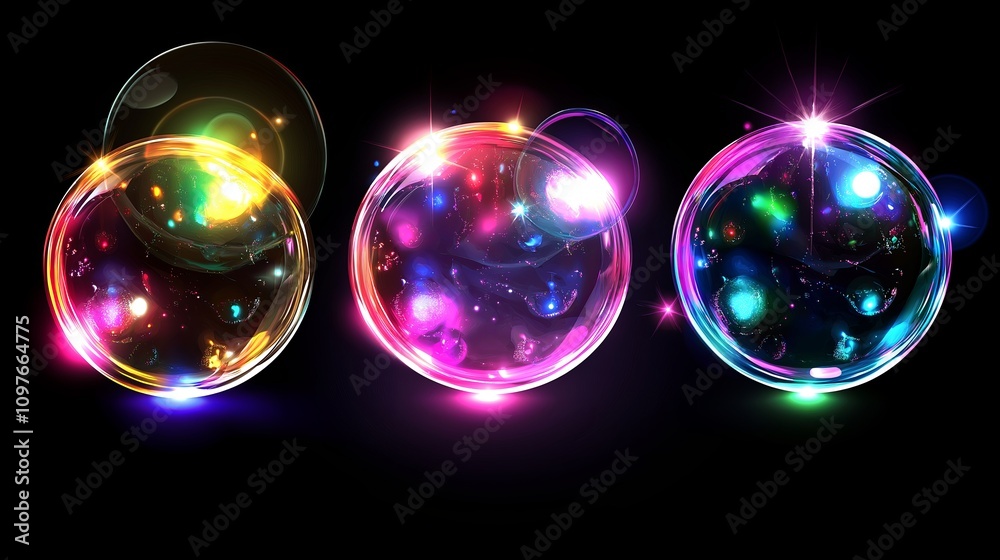 Poster floating soap bubbles reflecting rainbow light on a dark backdrop