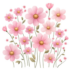 Fototapeta premium A bouquet of cosmos flowers, garden flower arrangement, hand-painted watercolor style, soft pink tones, isolated on white background