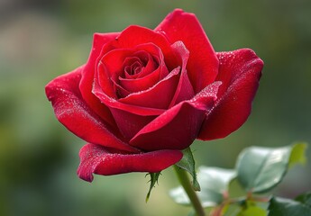 Stunning Close-Up of a Vibrant Red Rose with Dew Drops Capturing Its Natural Beauty in a Lush Green Garden Setting for Floral Enthusiasts and Nature Lovers