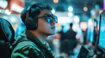 Asian blind individual exploring the intersection of tech and accessibility at a tech expo in Singapore