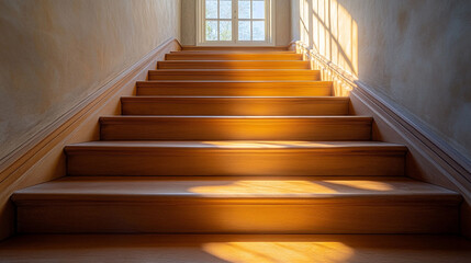 Obraz premium Sunlit wooden stairs gracefully ascending within a cozy home radiate warmth and comfort inviting one to rise upward symbolizing progress hope and the welcoming embrace of a familiar living space