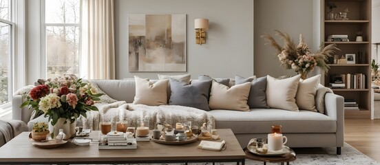 Elegant living room with neutral tones and cozy decor, designed for comfort and relaxation in a serene home setting