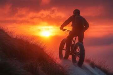 A cyclist on a fat bike against the backdrop of a sunset. Generative AI