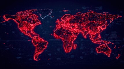 A glowing red map of the world, showcasing a network of interconnected points against a dark background, suggesting data or digital connectivity.