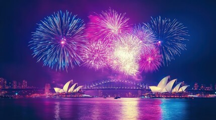 Fototapeta premium Vivid Fireworks Display Over Sydney Harbour Bridge and Opera House