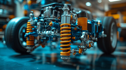 detailed view of a car's suspension system, highlighting the mechanics and engineering precision, showcasing the vehicle's structural components and stability, emphasizing automotive craftsmanship