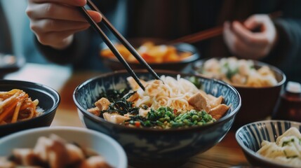 Asian family sharing mindful eating habits during a traditional meal at a restaurant in Shanghai, China