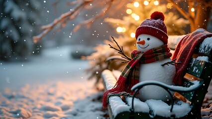 Obraz premium Adorable Snowman on Snowy Bench, Christmas Eve