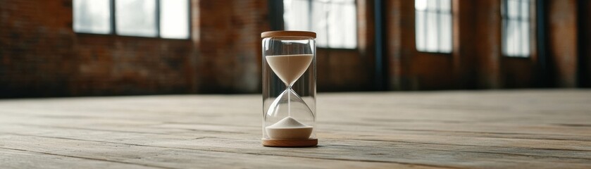 A modern hourglass sits on a wooden floor, with a rustic backdrop of large windows, emphasizing the passage of time in a serene environment.