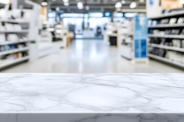 Blurred Electronics Store Background with Marble Table for Product Display