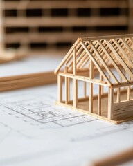 A wooden model house sits atop architectural blueprints, showcasing the design and construction process in a creative setting.