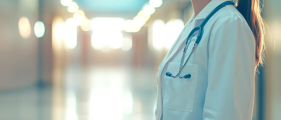 A healthcare professional in a hospital corridor