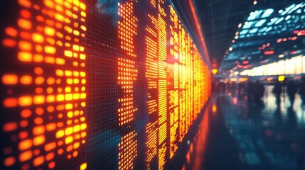 A vibrant digital display with glowing orange lights, depicting data visualizations in a modern, high-tech environment.