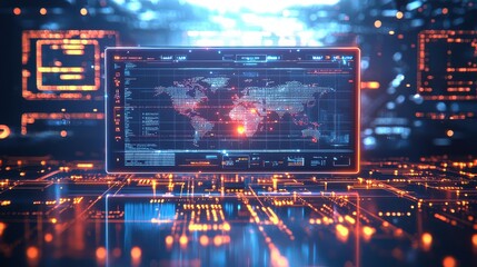 A futuristic digital display showcasing a world map with vibrant data visualizations and glowing circuits, representing advanced technology and data analytics.