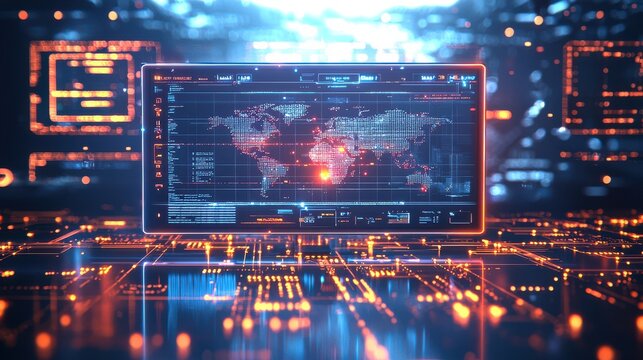 A futuristic digital display showcasing a world map with vibrant data visualizations and glowing circuits, representing advanced technology and data analytics.
