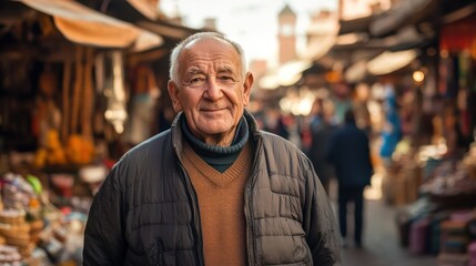 Fototapeta premium Elderly man traveling solo in Marrakech, Morocco, exploring markets and cultural landmarks