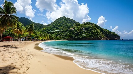 Obraz premium Breathtaking tropical beach scene with golden sandy shore turquoise blue ocean waters and lush palm trees framing the scene under a bright sunny blue sky with fluffy white clouds Idyllic