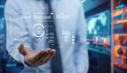 Businessman Presenting Digital Data Visualization in Modern Office