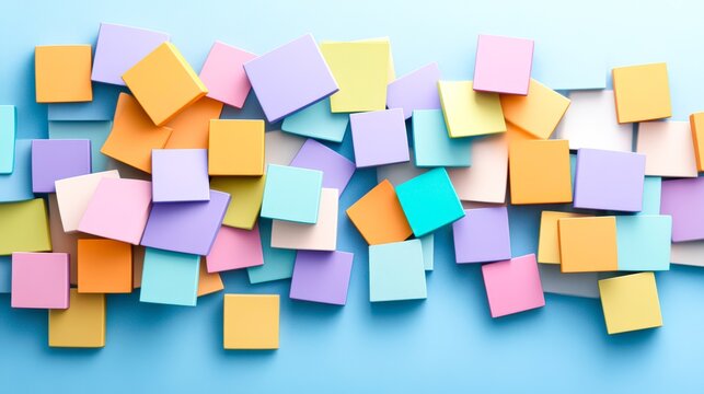 Colorful square blocks scattered on a blue background create a vibrant and playful scene, This image is perfect for educational materials, design projects, or any creative content,