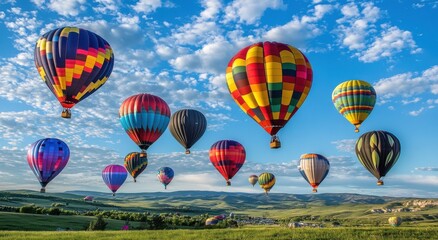 Obraz premium Vibrant Hot Air Balloons Soaring in a Bright Blue Sky Over Rolling Green Hills Under a Scenic Cloudy Horizon at a Colorful Balloon Festival