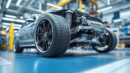detailed view of a car's suspension system, highlighting the mechanics and engineering precision, showcasing the vehicle's structural components and stability, emphasizing automotive craftsmanship